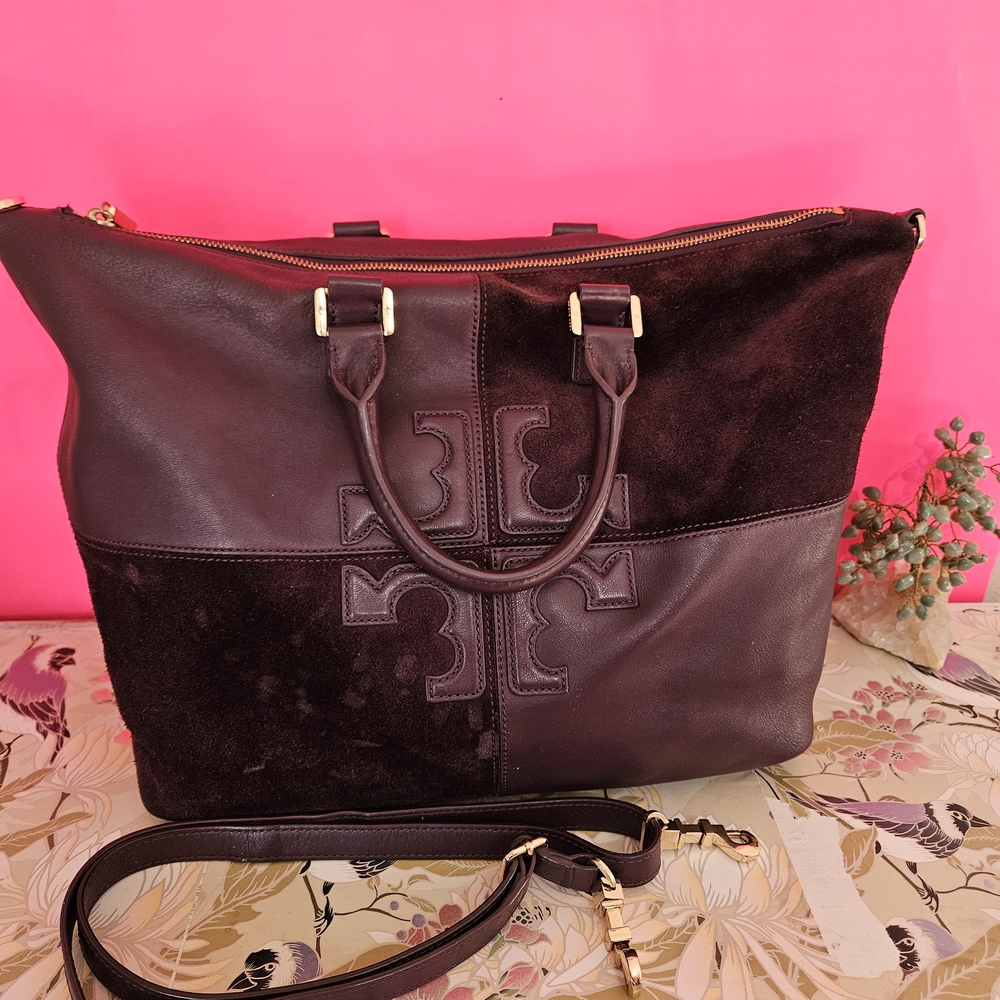 Tory Burch 'Natalie' Satchel Leather & Suede Purple Tote Large - Picture 3 of 8